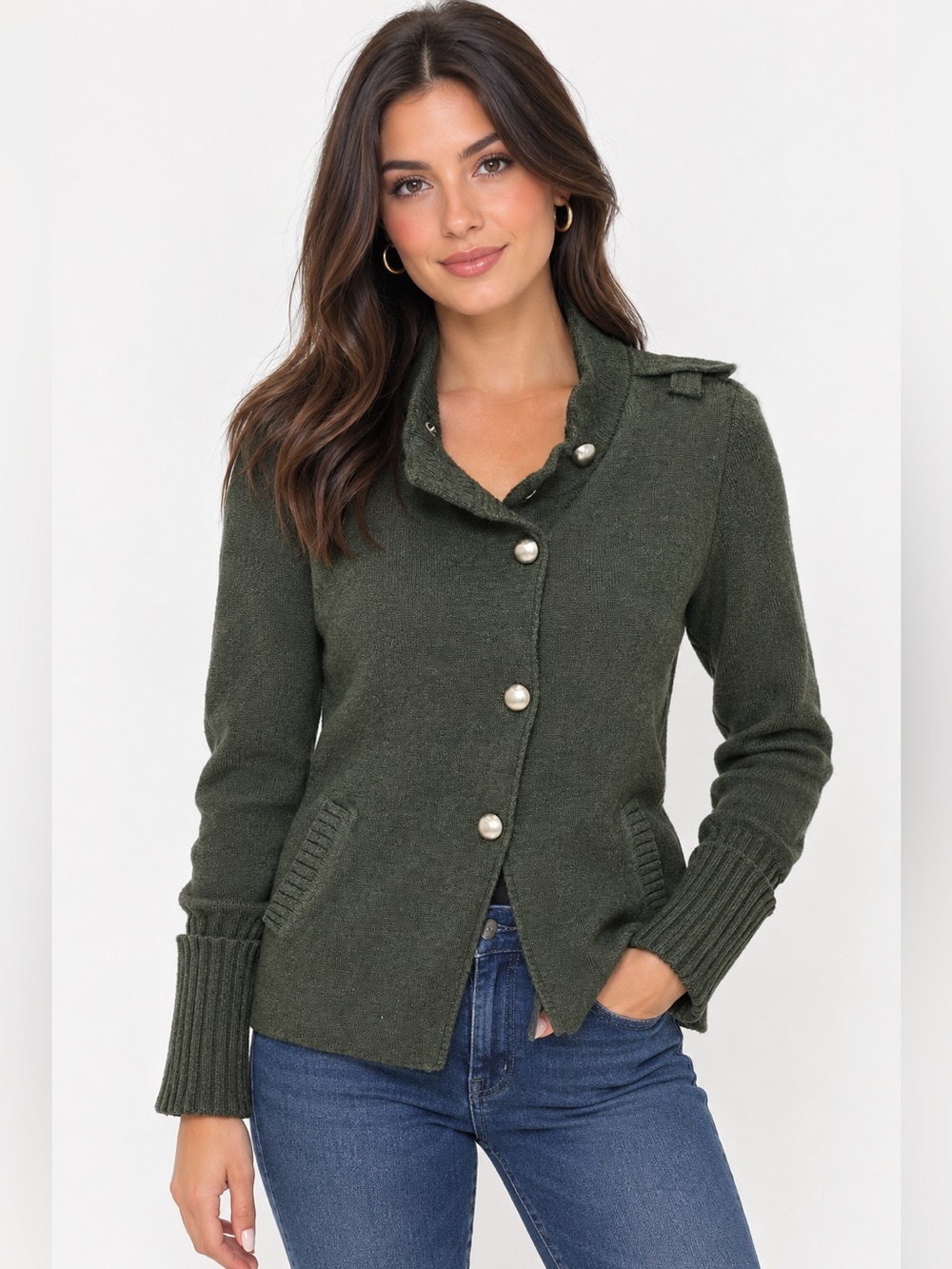 Banana Republic Womens Wool Cardigan sze Petite medium Long Sleeve Green